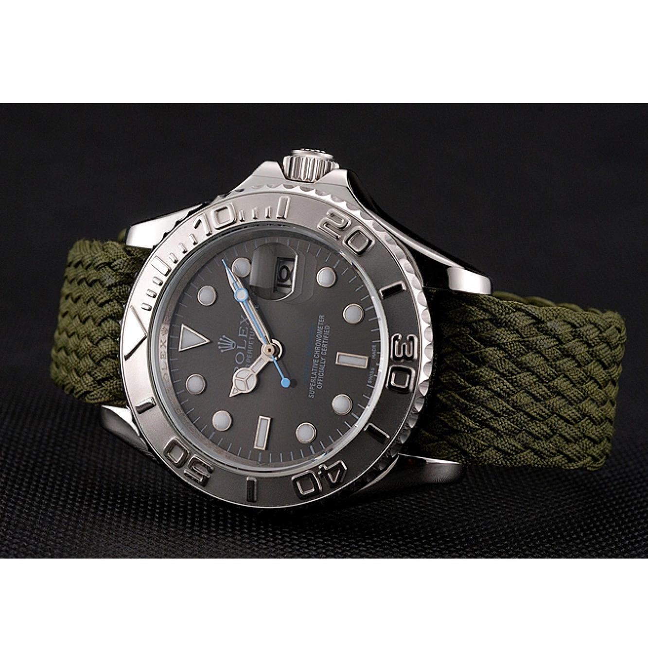 Aaa replica watch Green Fabric Yacht Rolex Master 1453869 Bracelet Green Dial 0823